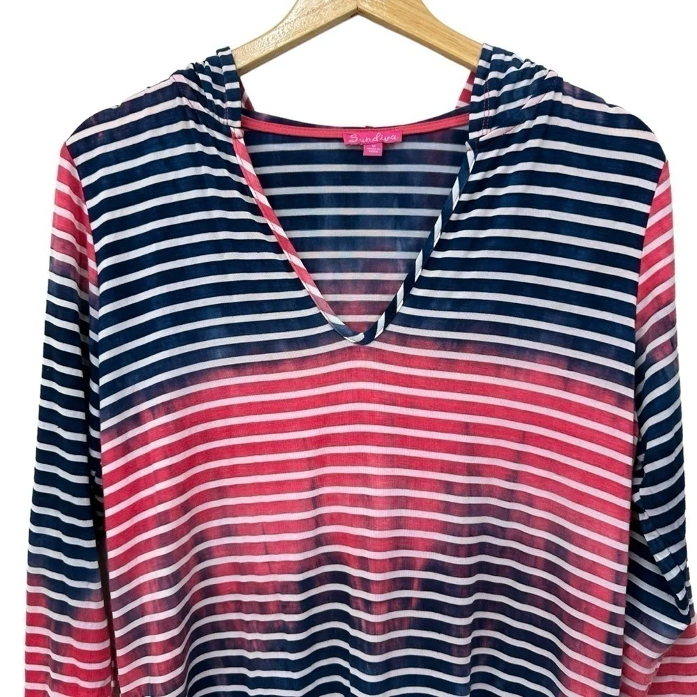 Sandiva Red, White, Blue Stripe Swim Coverup Hoodie Dress, Medium
